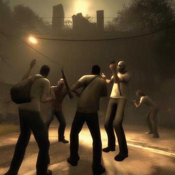 A group of players on Left 4 Dead 2 Xbox 360 working together, highlighting the co-operative gameplay