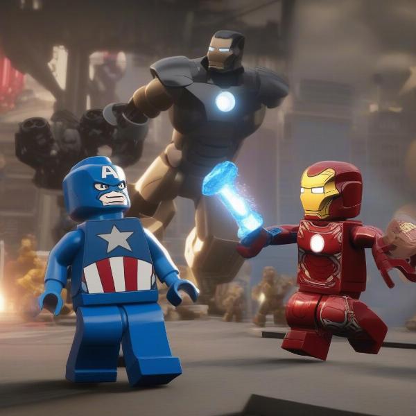 lego avengers gameplay xbox one showing iron man and captain america fighting ultron robots