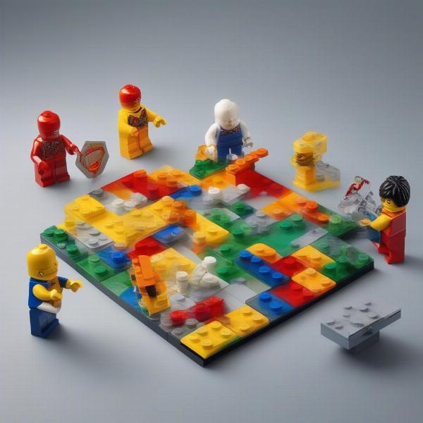 Two Lego figures working together on a puzzle in an online game