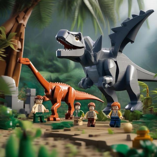 a group of lego figures exploring a jungle with dinosaurs