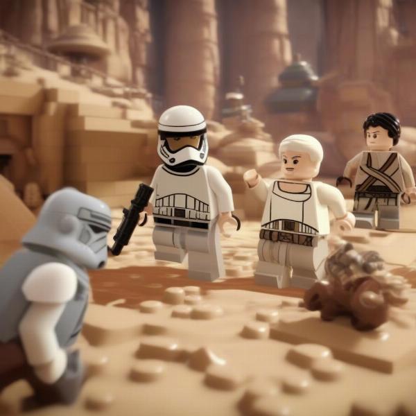 Lego Star Wars 3DS gameplay screen showing character combat and background elements