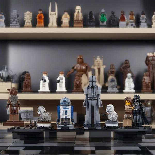 Lego Star Wars chess set displayed on a shelf as a collector's item