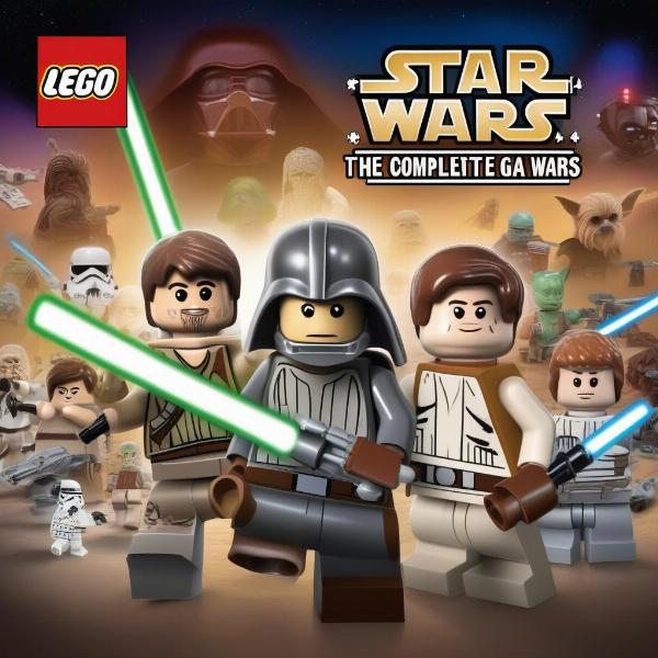 Lego Star Wars game cover art with the whole franchise behind it