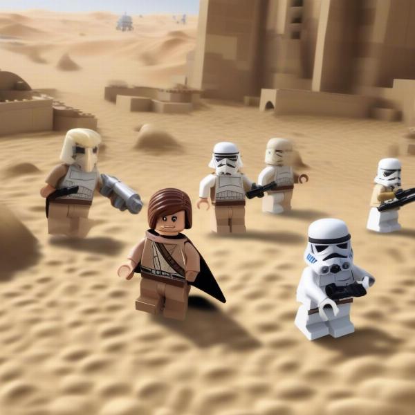 Lego Star Wars gameplay screenshot with action in Tatooine