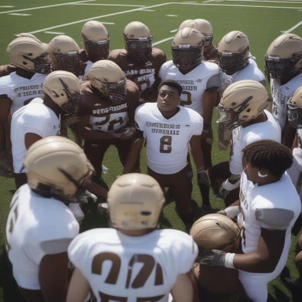 Lehigh football team huddled before game, strategizing and focused on the field