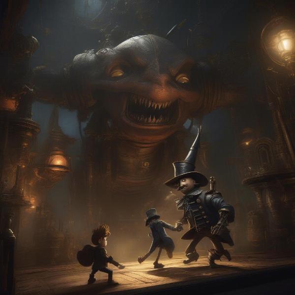 Lies of P's main character facing a menacing enemy, showcasing the dark and grim aesthetic.