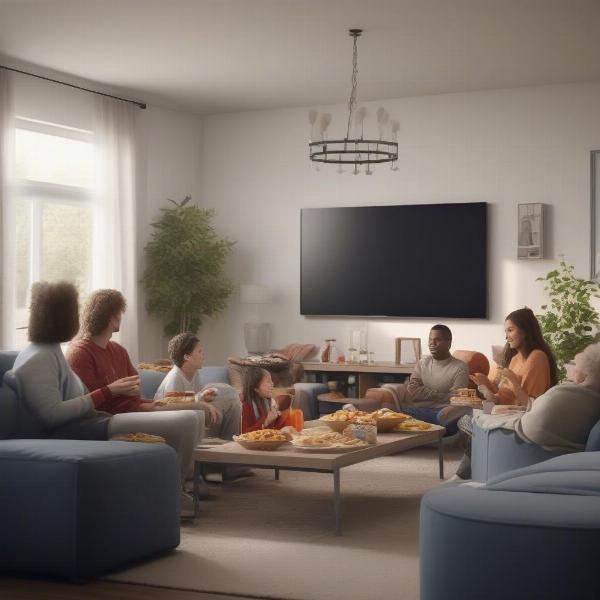 A cozy living room setup with a large TV showing a sports game and family