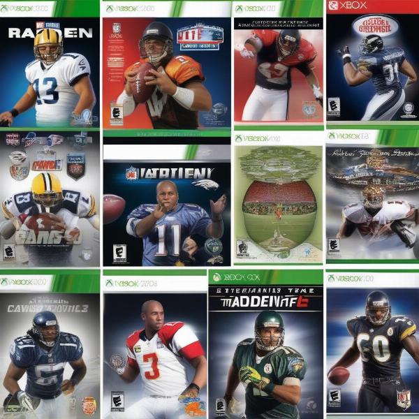 Various Madden NFL game covers on Xbox 360 showcasing different years and athletes