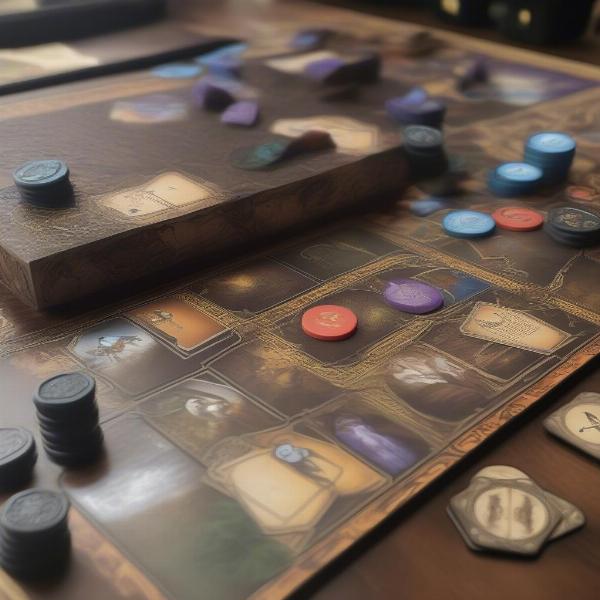 A Mage Knight board game set up for solo play, showcasing the board, tokens, and cards