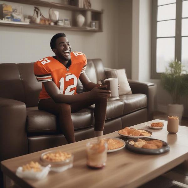 a man is watching the Browns game on TV with a happy expression