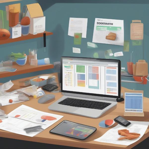 An overview image of a manager's desk with football and grocery elements
