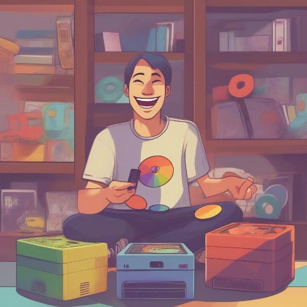 a person is happily juggling video game cases and discs