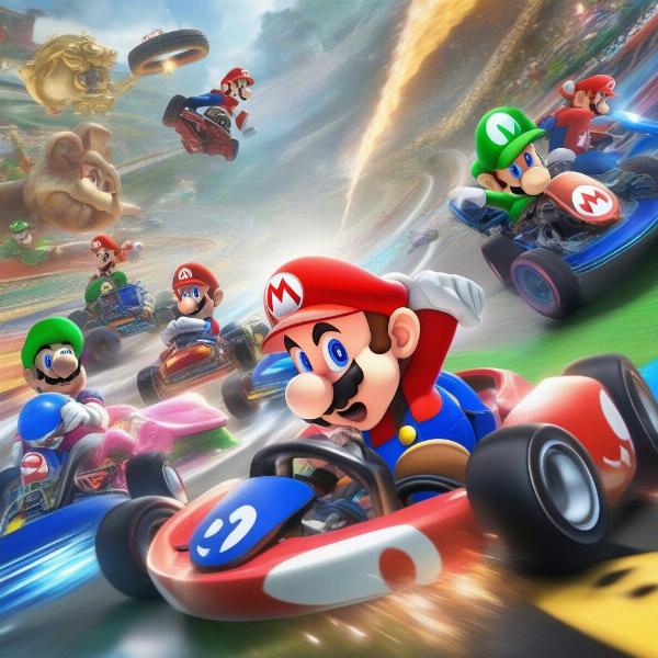 Mario Kart 8 Wii U racing game key art featuring characters and colorful tracks