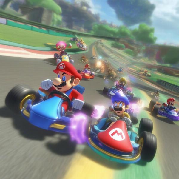 Mario Kart Deluxe multiplayer screenshot showing intense racing action