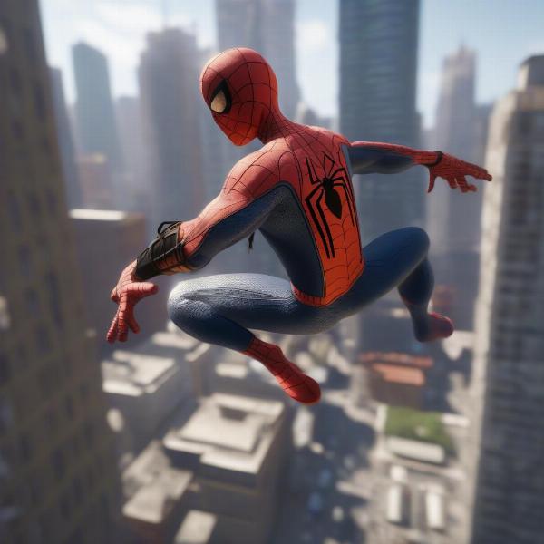 Spider-Man swinging through a highly detailed version of New York City in a daytime setting