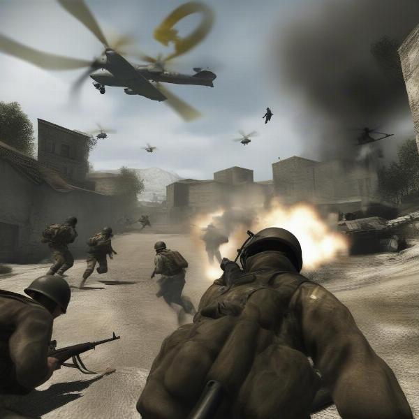 Medal of Honor Airborne gameplay on Xbox 360, showing airborne infiltration and tactical combat