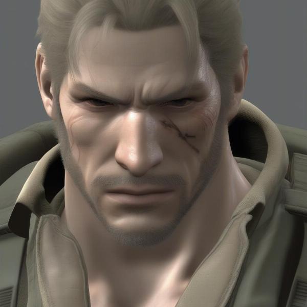 Metal Gear Solid 4 character close-up, realistic graphics, tactical espionage