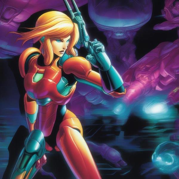 Metroid Fusion gameplay showing Samus in action on the GBA with a dark background
