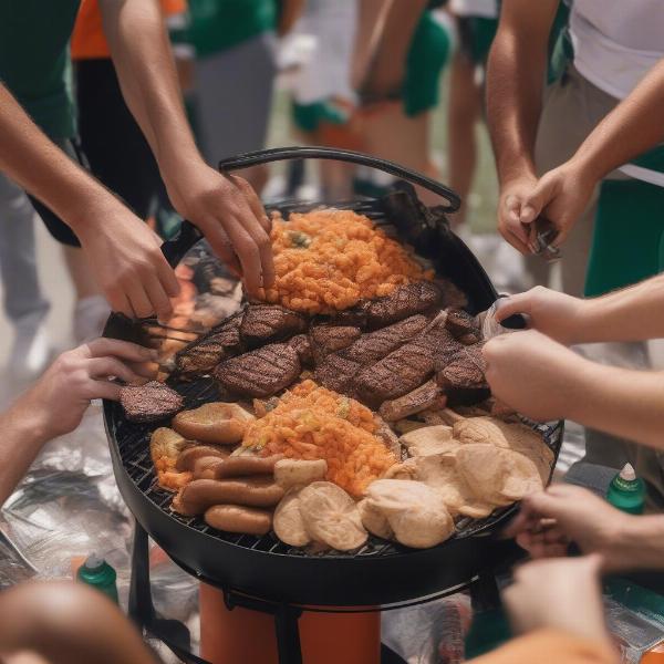 fans grilling delicious tailgate food