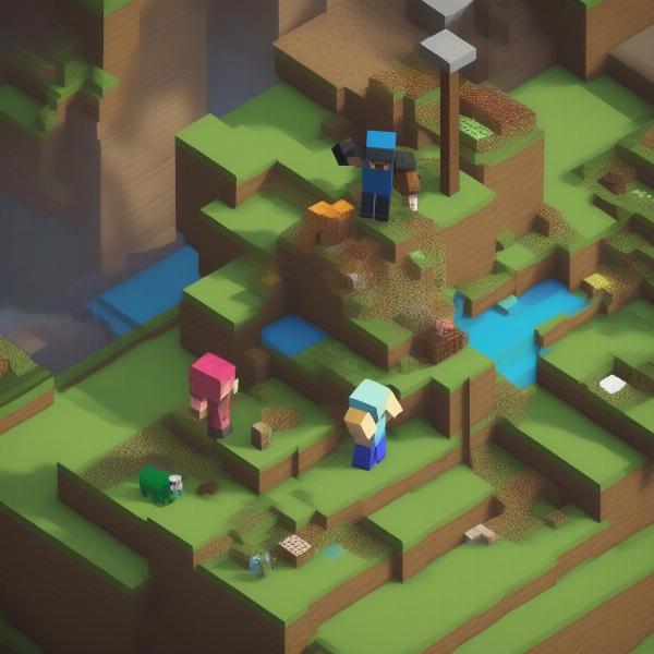 Minecraft co-op building a fortress, two players mining resources, creative construction