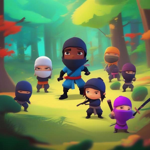 Young ninja characters are shown in a vibrant forest in the Mini Ninjas game for Xbox 360