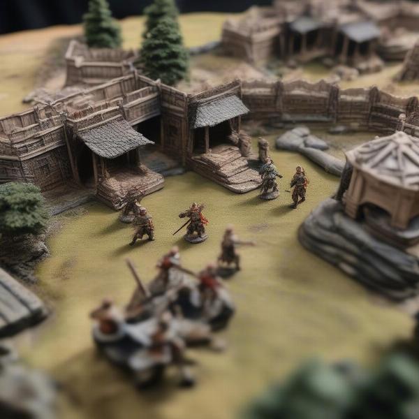 A close-up of miniature figures engaged in a skirmish on a detailed terrain board