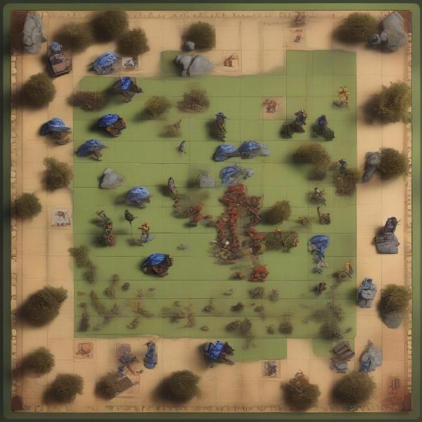 Miniature figures using terrain for tactical advantage in a war game