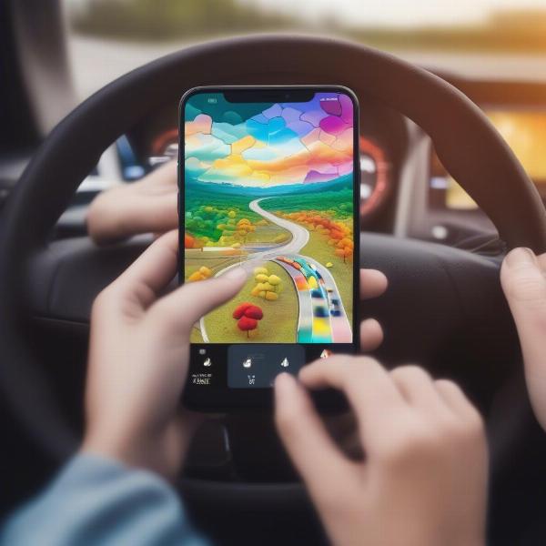 Playing a puzzle game on a mobile phone while in a car