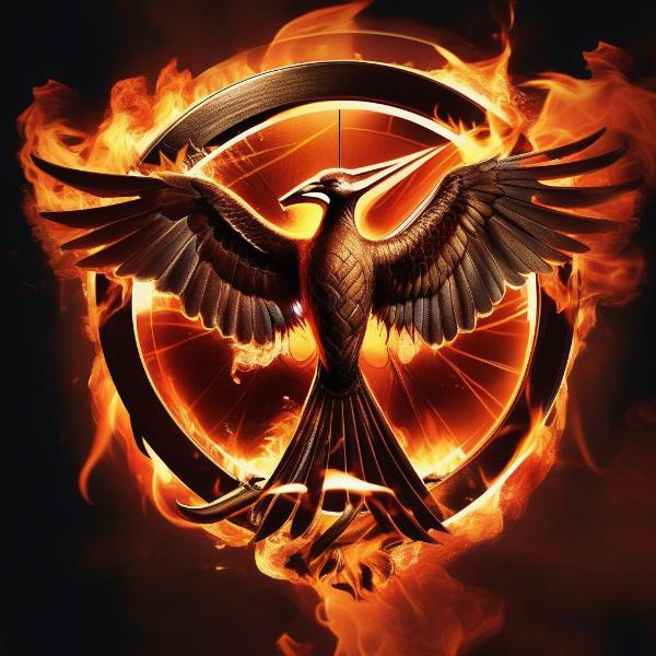 The Mockingjay symbol surrounded by flames, symbolic of rebellion and hope