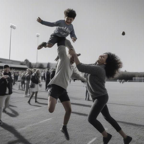 Mom jumping on son football game