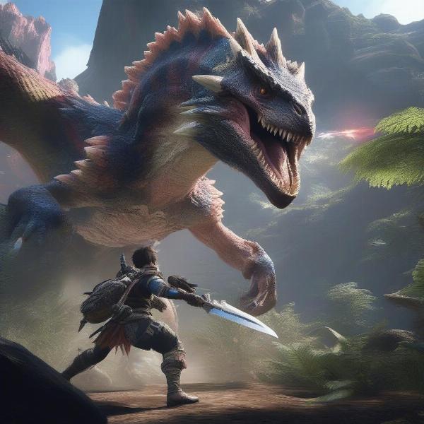 A gameplay image showing a hunter in Monster Hunter: World, battling a large monster