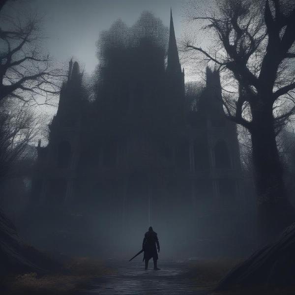Mortal Shell exploring a dark gothic environment, showcasing the game's gloomy atmosphere.