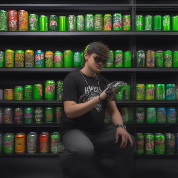 A Gamer Displaying Mountain Dew Game Fuel Can Collection