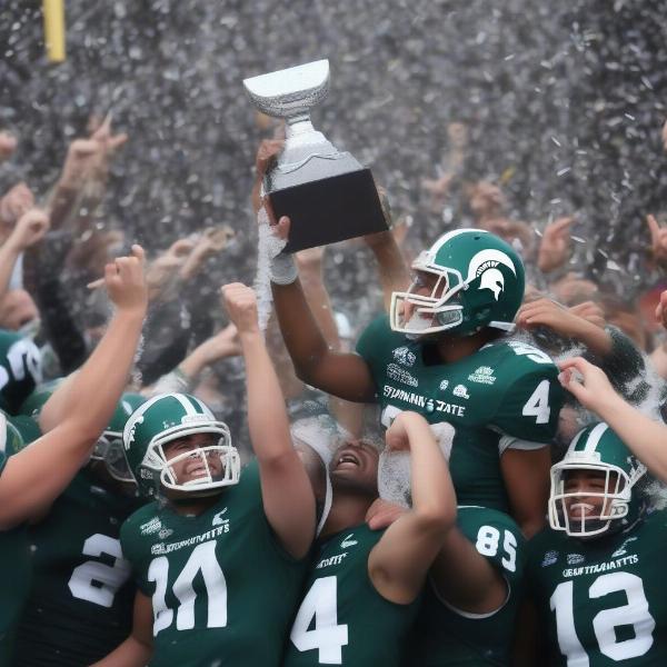 MSU Spartans celebrating bowl game win with trophy
