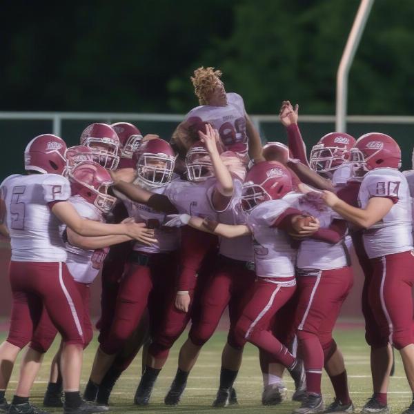 Muskegon Big Reds football players celebrating after a victory