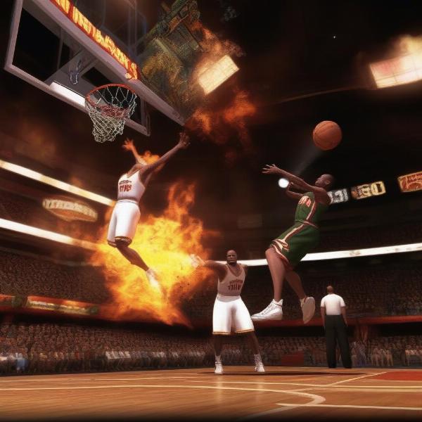 nba jam gameplay on xbox 360 with exaggerated action and fire effects