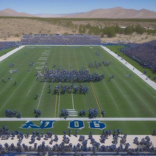 Nevada Wolfpack football team in action during a game, showing multiple players and the field