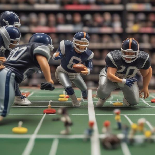 Action shot of an NFL electric football Tudor game in progress, showing players mid-vibration and the ball in play