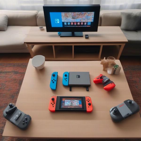 a home setup showing four nintendo switch controllers ready for a local multiplayer session