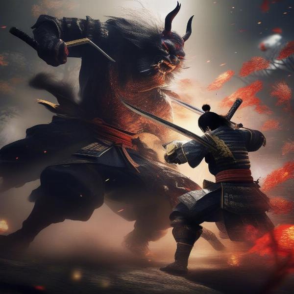 Nioh 2 intense samurai combat, showing yokai fighting with the main character.