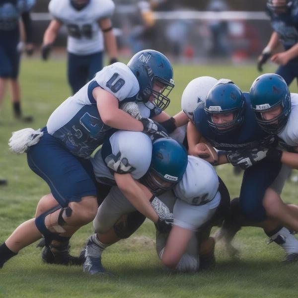 North Penn defensive players making a tackle against an opposing team member during a game