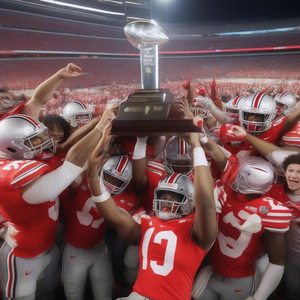 Ohio State Buckeyes celebrate a bowl game victory with the trophy, showing their commitment to excellence