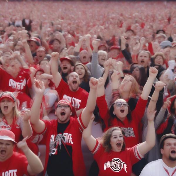 Ohio State fans cheer during a football bowl game, showing their enthusiasm