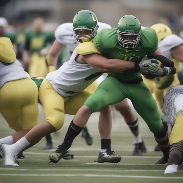 Oregon defensive player tackling an opponent