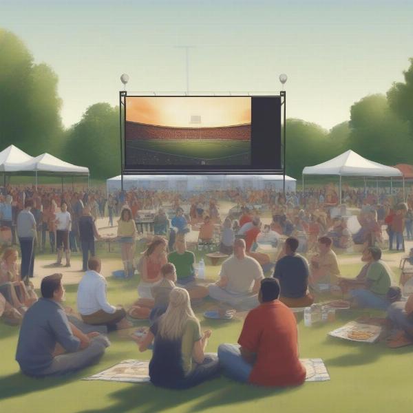 An outdoor sports event viewing party with a large screen and people gathered