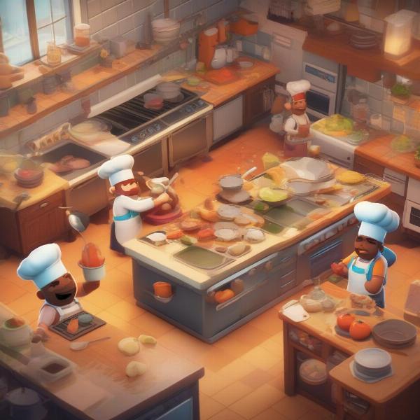 Overcooked 2 gameplay showing kitchen chaos with coop