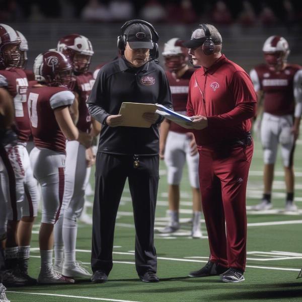 Owasso Rams coach instructing team, clipboard, sideline focus