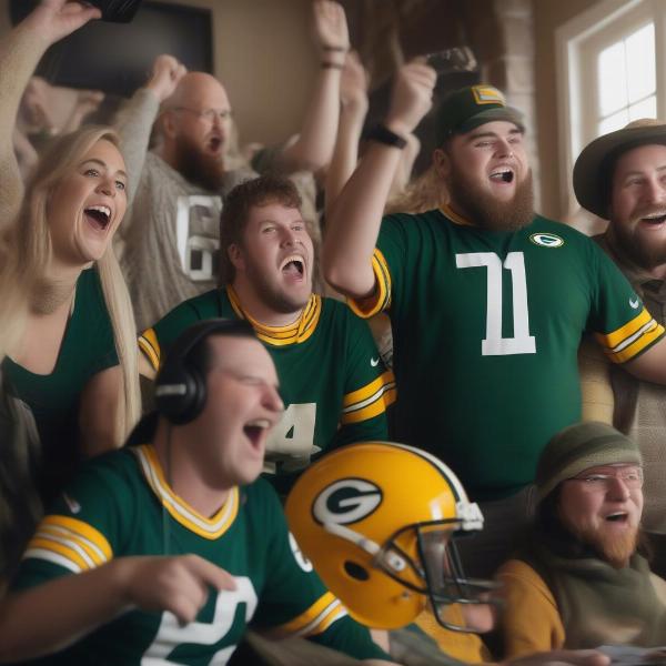 group of fans watching packers game on tv