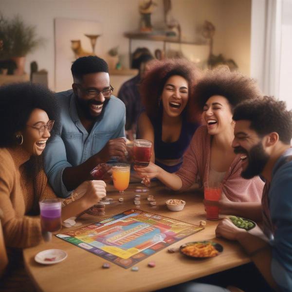 Group of friends enjoying a board game at a party