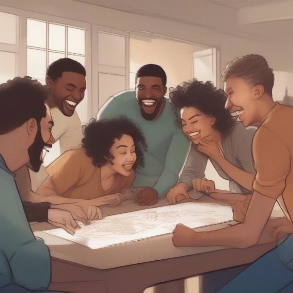 Friends laughing while playing a drawing and guessing game